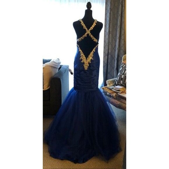 GORGEOUS PREOWNED VINTAGE BLUE MORI LEE MERMAID TULLE CRYSTAL BEADED GOWN SZ 8 - Picture 6 of 13
